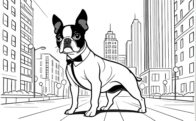 Dog in city street with buildings, serious look, line art coloring page