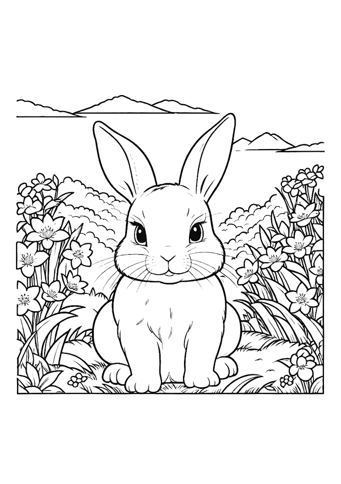 White bunny in flowers with mountains backdrop in black and white
