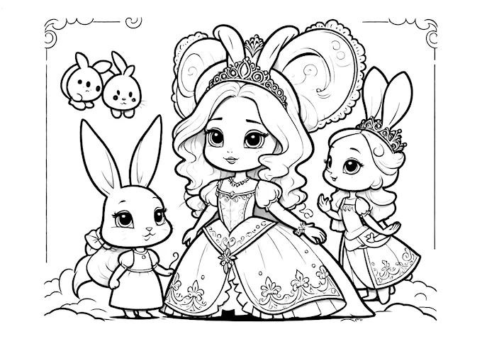 Fairy tale princesses with rabbits illustration coloring page
