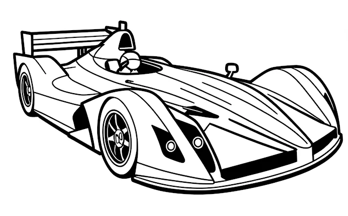Race car with front wheel, black and white lyco art coloring page