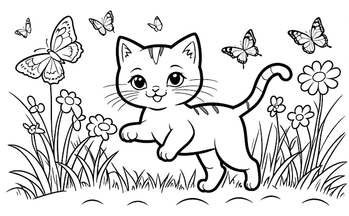Cat running in field with butterflies, kids&#039; coloring page