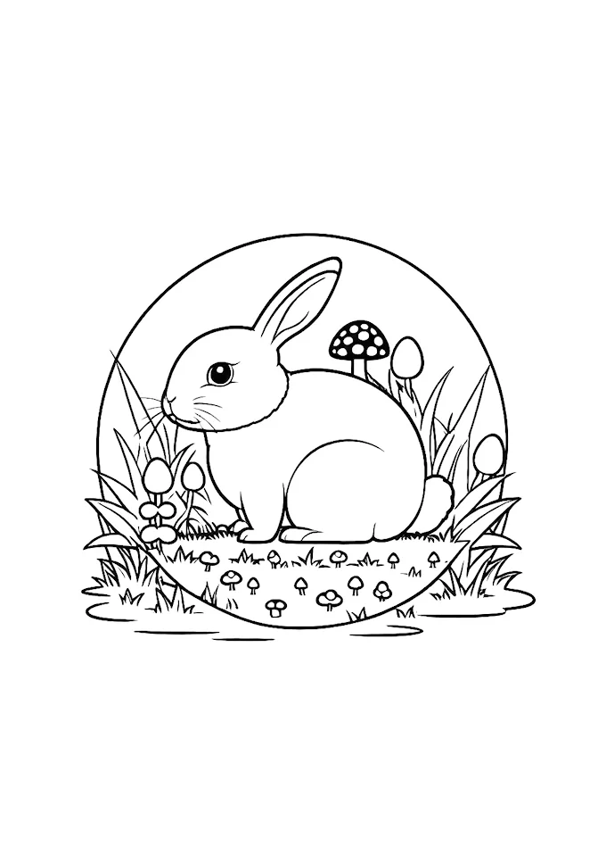 Bunny Rabbit Among Mushrooms and Eggs Coloring Page
