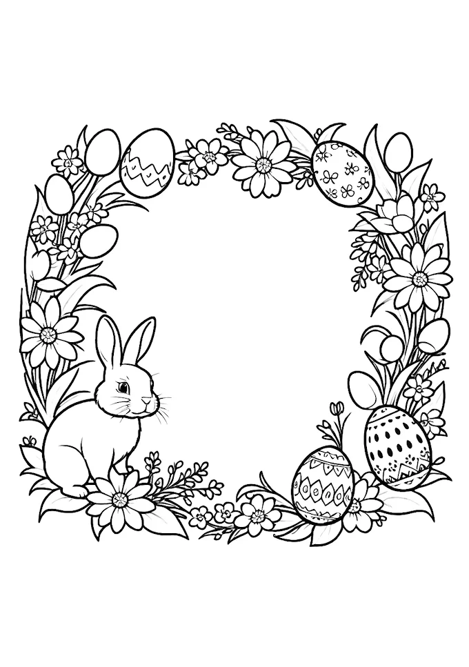 Rabbit in Egg-Shaped Frame with Easter Decor Coloring Page