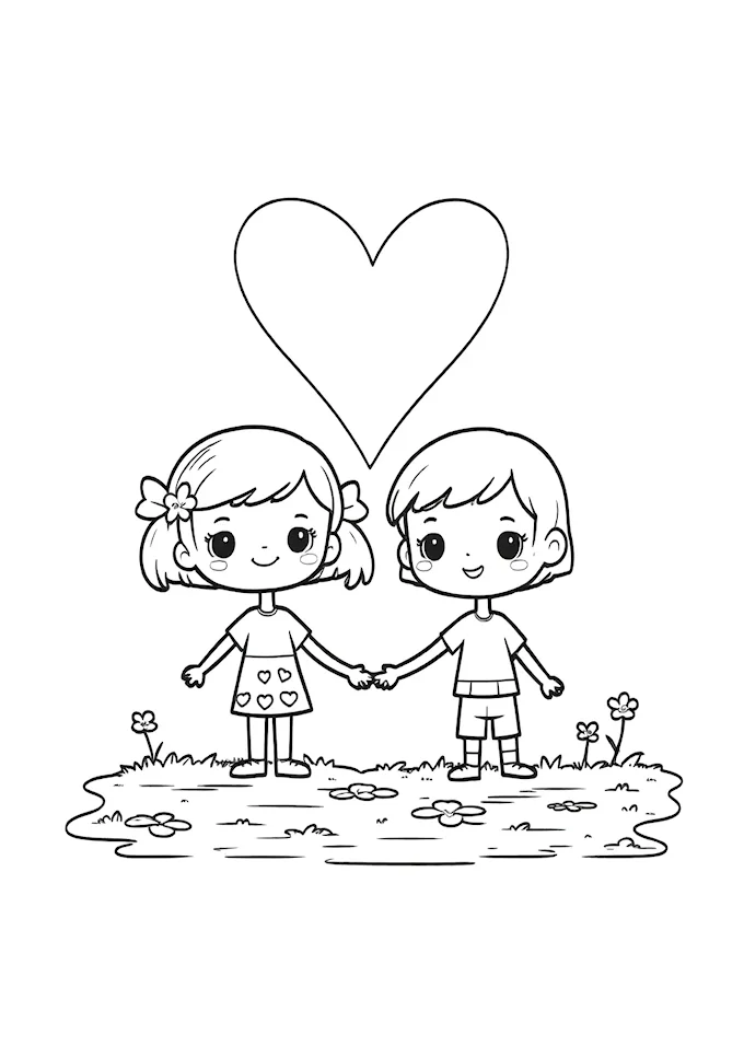 Children holding hands in heart shape coloring page
