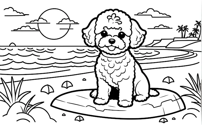 Dog sitting on rock in ocean with sunset, kids coloring page