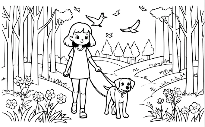 Girl walking her dog in woods, birds flying overhead