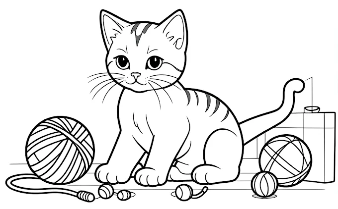 Cat sitting with multiple balls of yarn, lineart, furry art