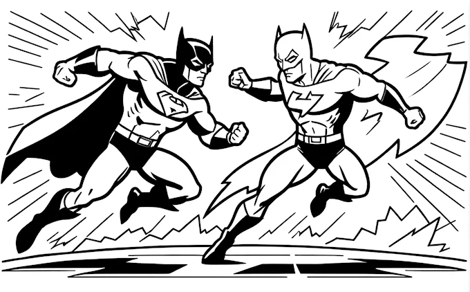 Batman and Batmangirl in sky, kids&#039; comic coloring page