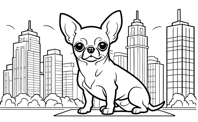 Small dog sitting in front of city skyline with skyscrapers, line art