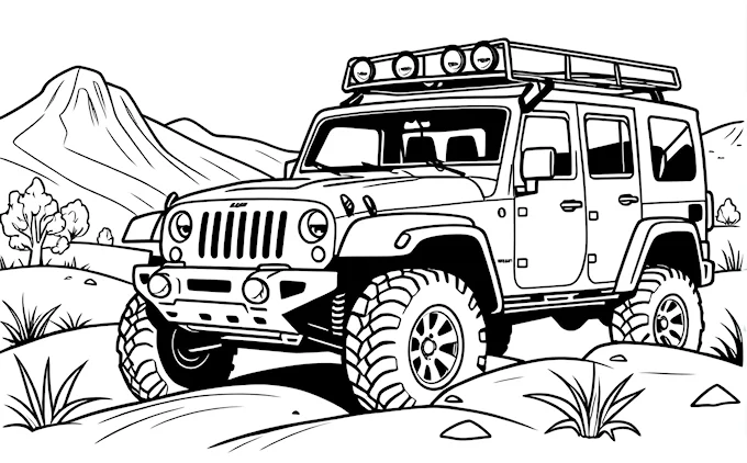 Jeep driving through desert with mountains