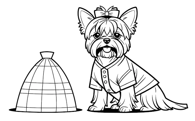 Dog sitting next to bag of clothes, line art