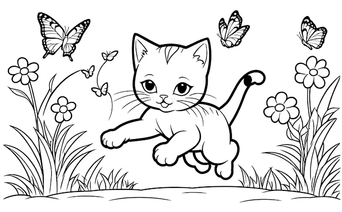 Cat flying with butterflies in a flower field