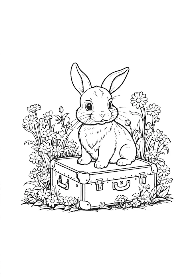 Charming bunny in a floral garden scene coloring activity