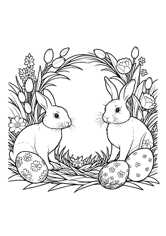 Rabbits in floral egg-shaped nest drawing