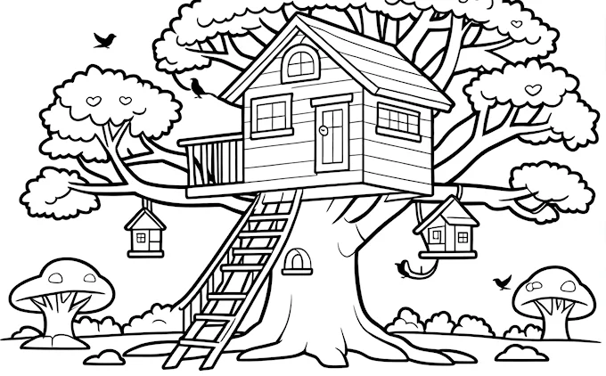 Tree house with ladders, mushrooms, and birdhouse, storybook coloring page