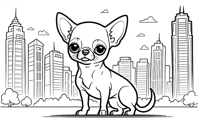Chihuahua with big eyes in front of city skyline, adult and children&#039;s coloring page