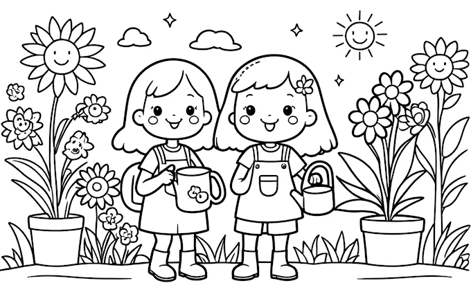 Two girls in garden with sun and cloud