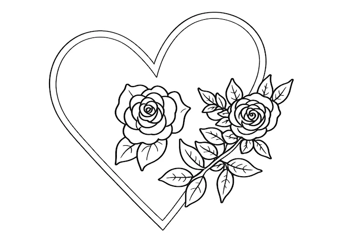 Silver heart with rose embellishments and leaf patterns coloring page