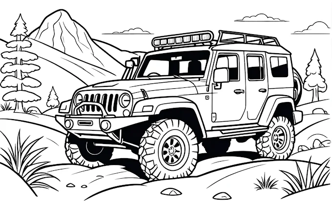 Jeep driving through mountain landscape