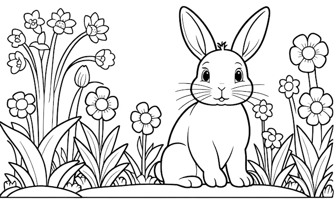 Rabbit sitting in grass with flower border