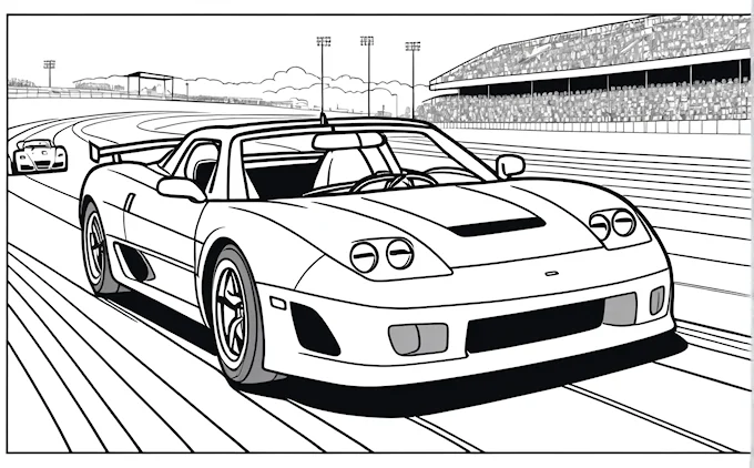 Sports car on track with stadium, comic book panel, cobra