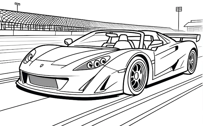 Sports car on track, stadium background, coloring page