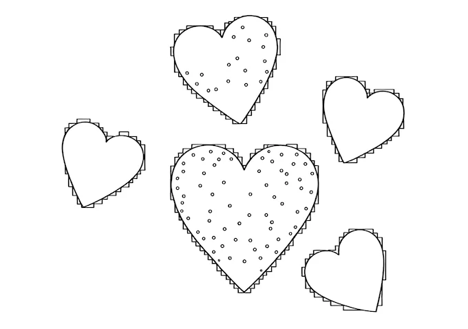 Overlapping hearts with varying shades coloring page