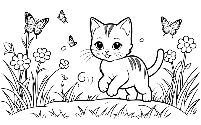 Cat running through field with butterflies, black and white