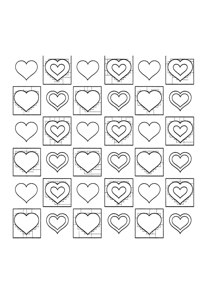 Checkered Pattern with Overlapping Hearts Coloring Page
