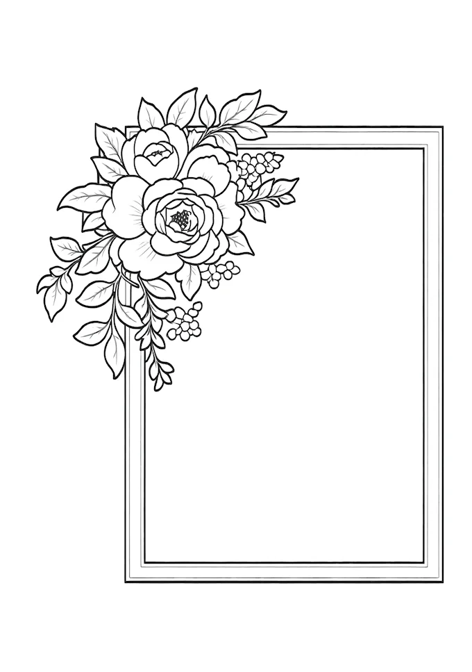 Elegant ornate frame with floral silverware designs coloring page