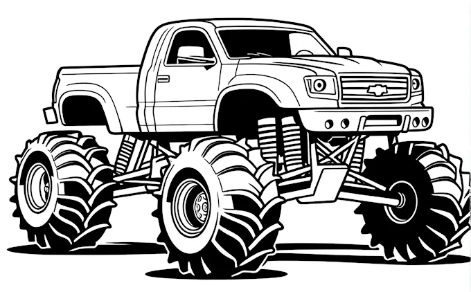 Monster truck with large tires, black and white coloring page