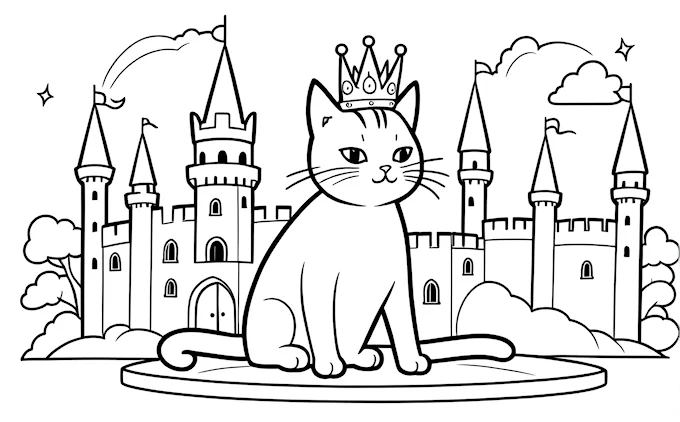Cat with crown in front of castle, cartoon style