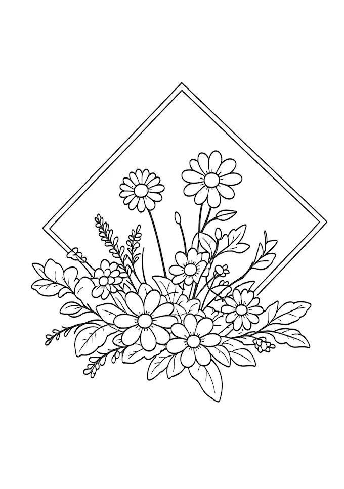 Artistic flower arrangement with daisies centerpiece coloring page