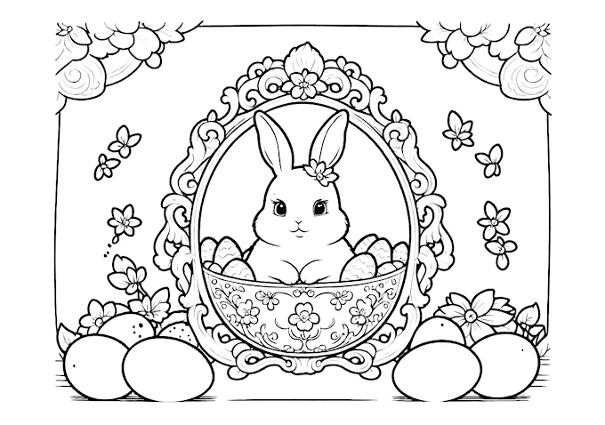 Decorative rabbit and Easter eggs coloring page