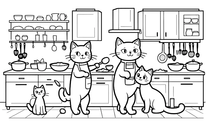 Cat in kitchen with three other cats, line art coloring page