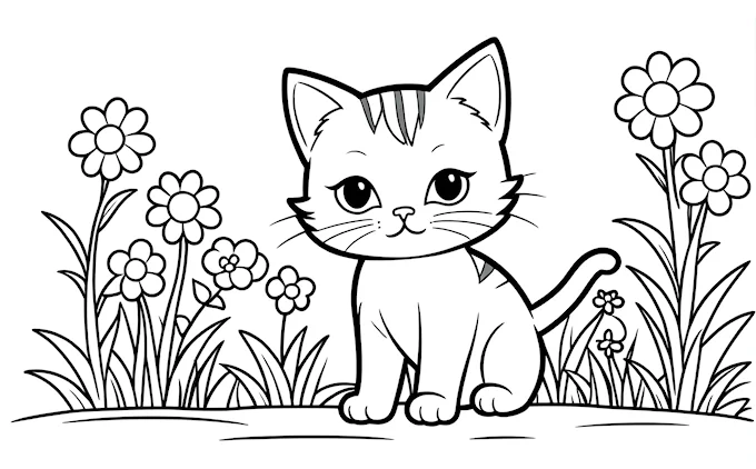 Cat in grass with flower bush, modern European ink painting style line art
