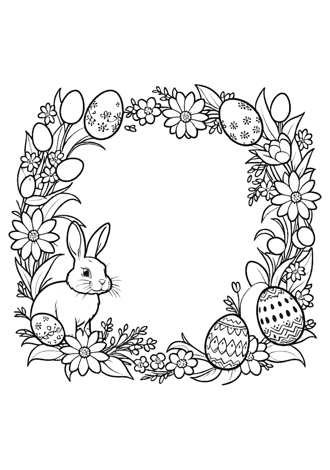 Rabbit in Egg-Shaped Frame with Easter Decorations Coloring Page
