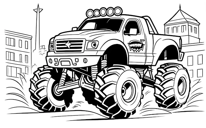 Monster truck driving down street, cartoon style
