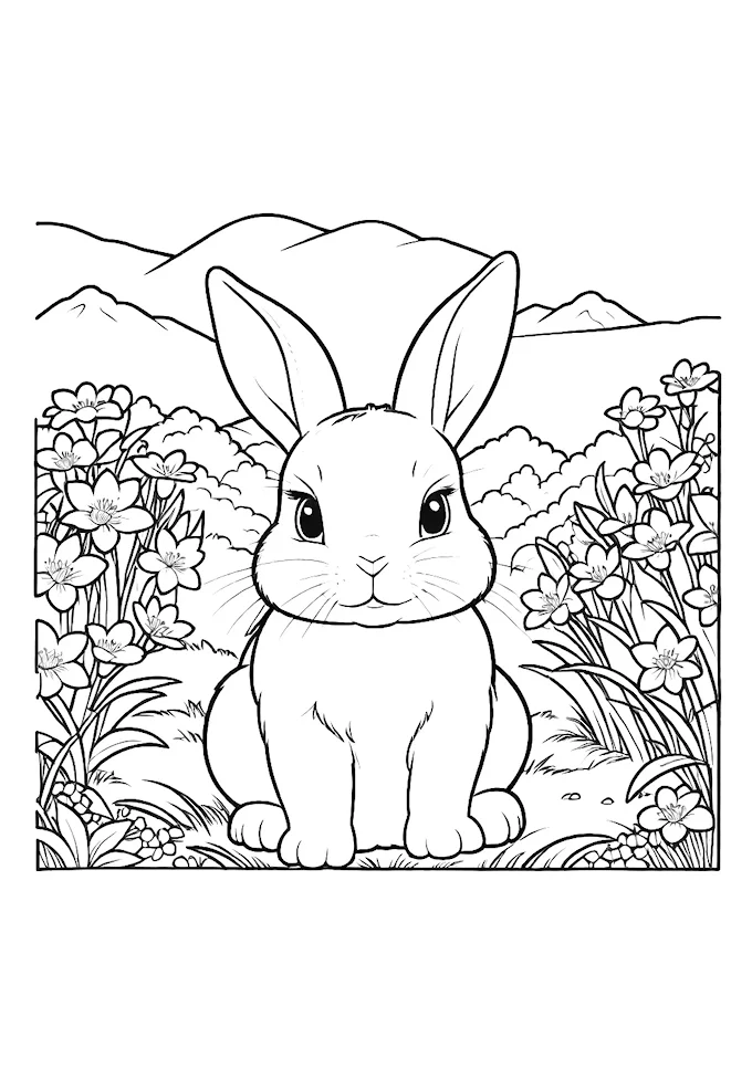 Artistic depiction of white bunny among flowers and mountains
