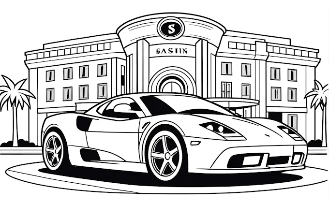 Sports car in front of casino building, coloring page