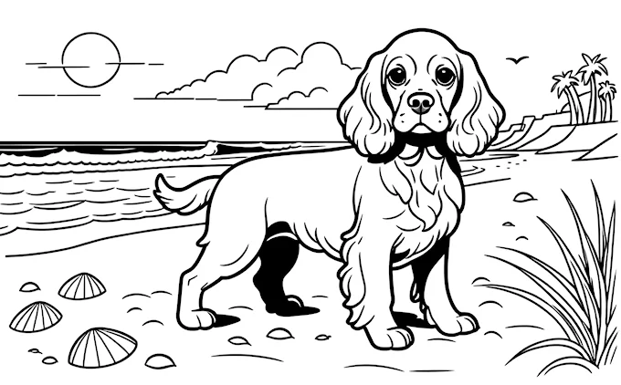 Dog on beach with sunset, coloring page line art