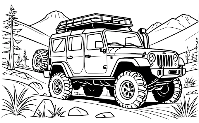Jeep with camper driving through mountains