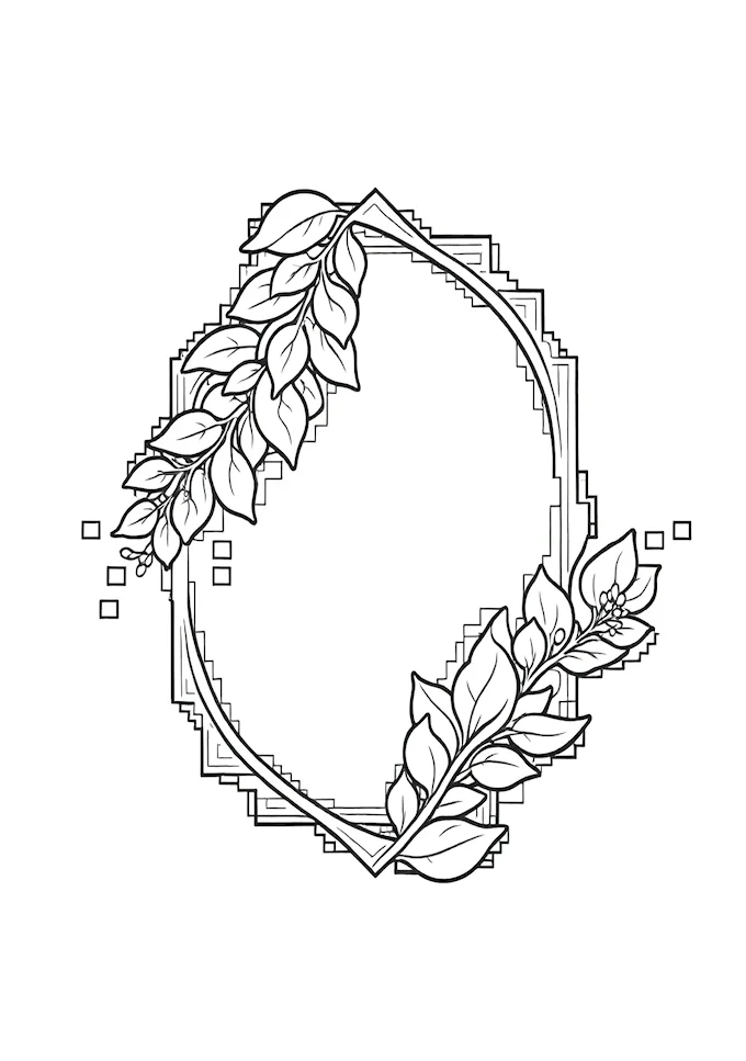 Ornate design with leaves, flowers, and geometric shapes coloring page
