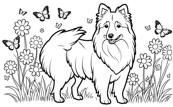 Dog in field with flowers and flying butterflies