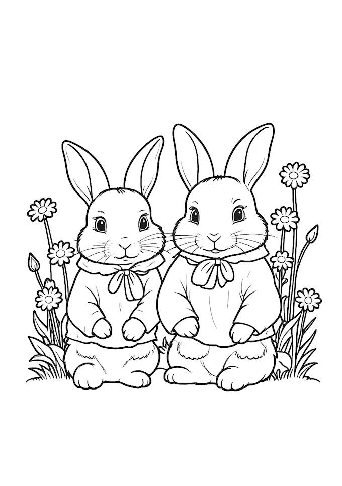 Clothed bunnies posing together in a floral field artwork