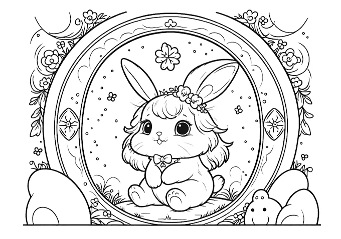 Bunny rabbit in front of ornate mirror with flowers and snowflakes coloring page