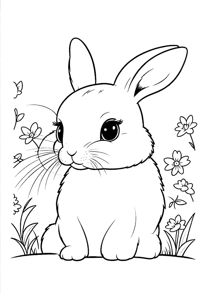 Vintage-style bunny drawing with floral backdrop