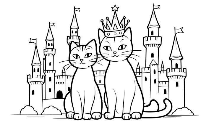 Two cats in front of castle, one on top, one at bottom