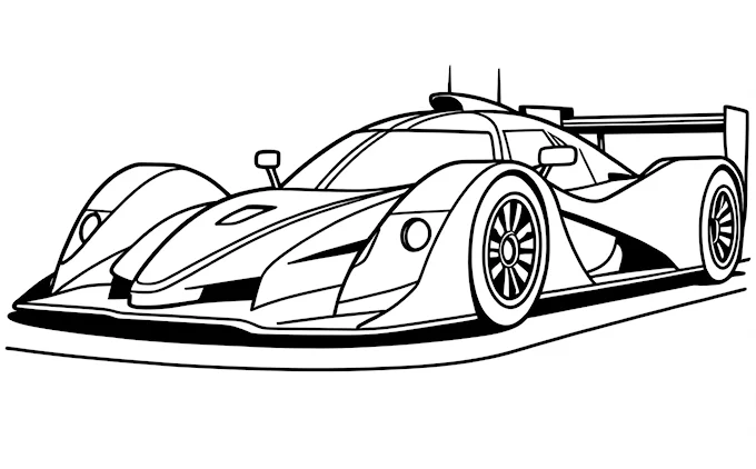 Racing car with long tail and wheels, black and white coloring page