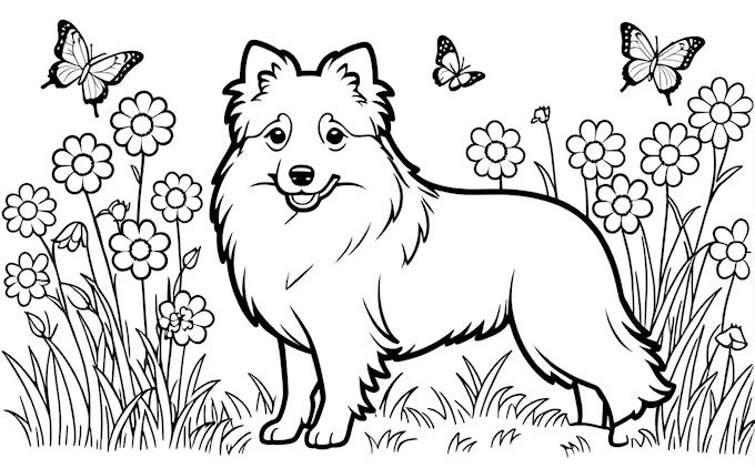 Dog in field of flowers and butterflies